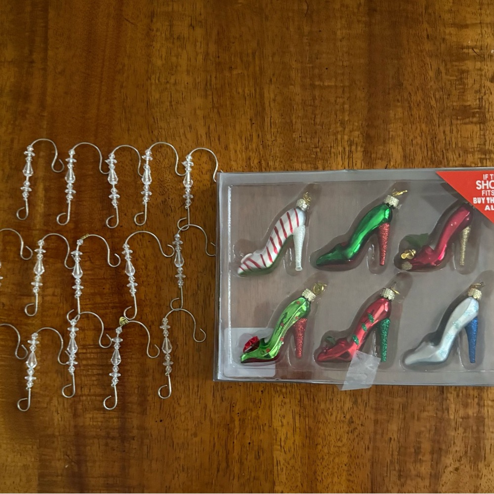 Kurt Adler High Heel 6 Christmas Ornaments & 15 Crystal Ornament Hooks